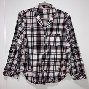 Victoria’s Secret VS Flannel Long Sleeve Pajama Top Plaid Pink Metallic Detail